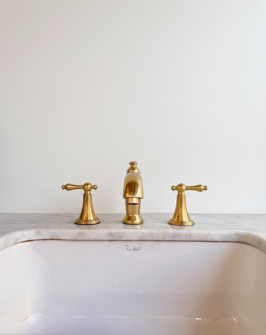 brass faucet set on a marble sink with a plain white background