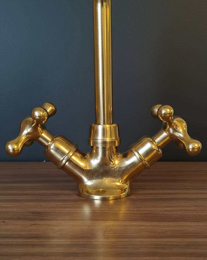 Brass kitchen faucet on a wooden surface with a dark background