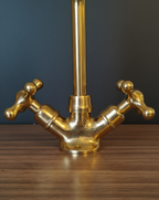Brass kitchen faucet on a wooden surface with a dark background