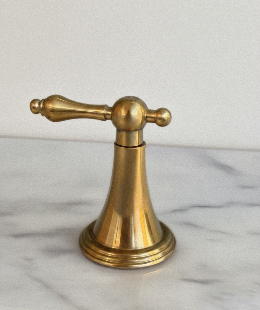 Brass faucet handle on a marble surface