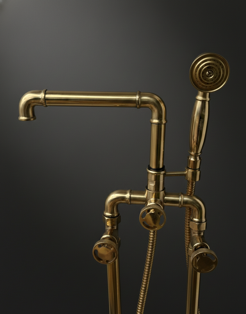 Gold shower head and plumbing system on a dark background