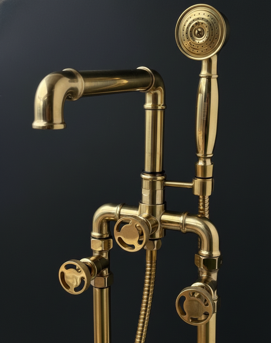 Gold bathroom faucet and shower head set against a black background